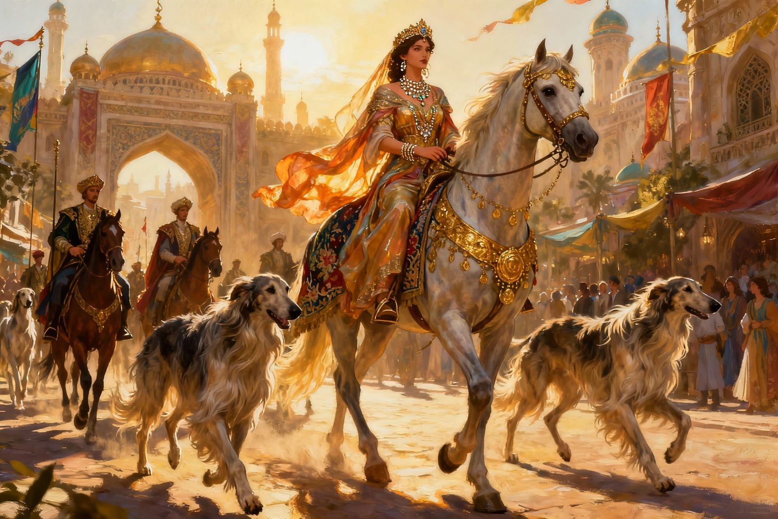 Queen's Grand Entrance to Fantasy City in Painterly Style