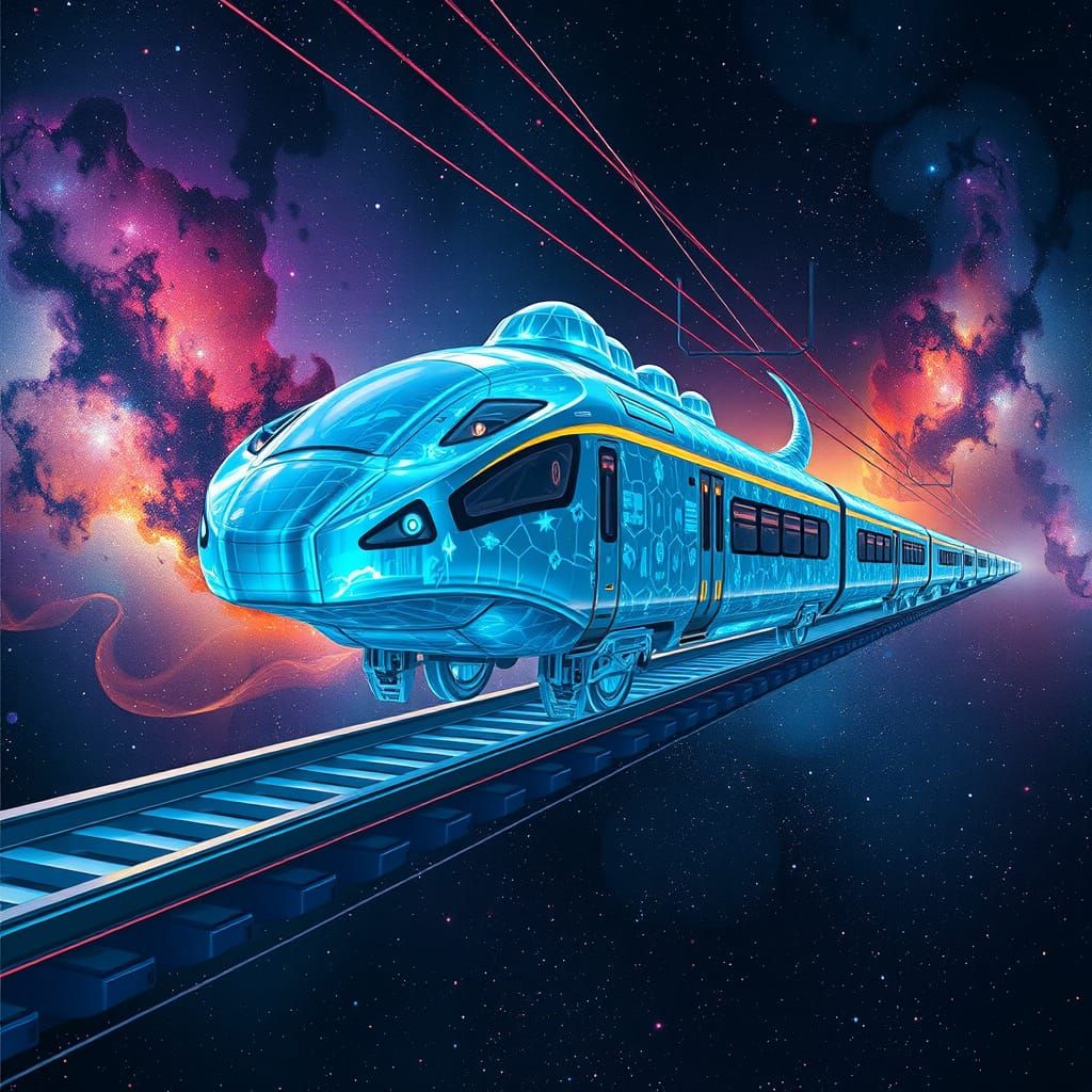 Ethereal Bio Train Glides Through Cosmic Galaxy Rails