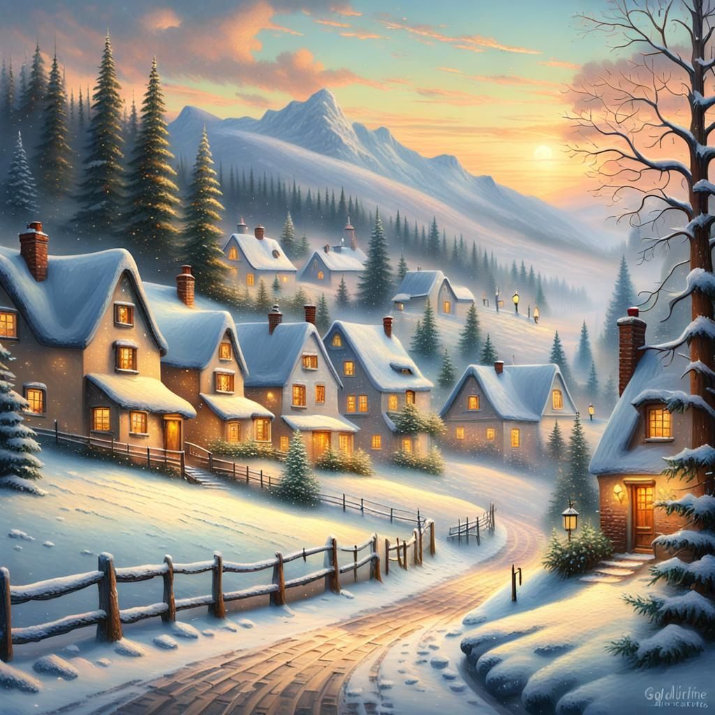 Cozy Winter Village in Golden Hour Light