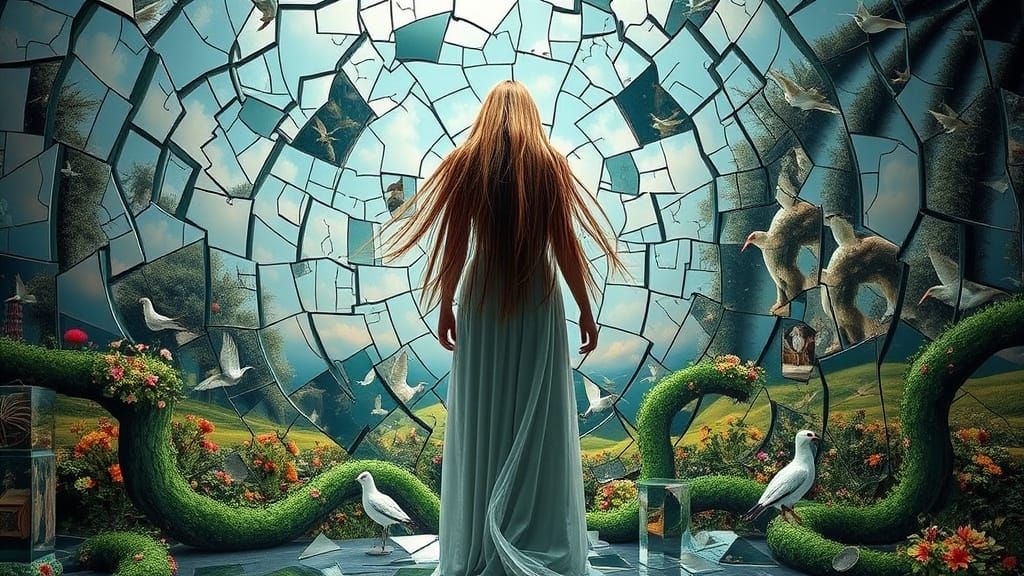 Surreal Sculpture with Frozen Woman in Maze of Cracked Mirro...