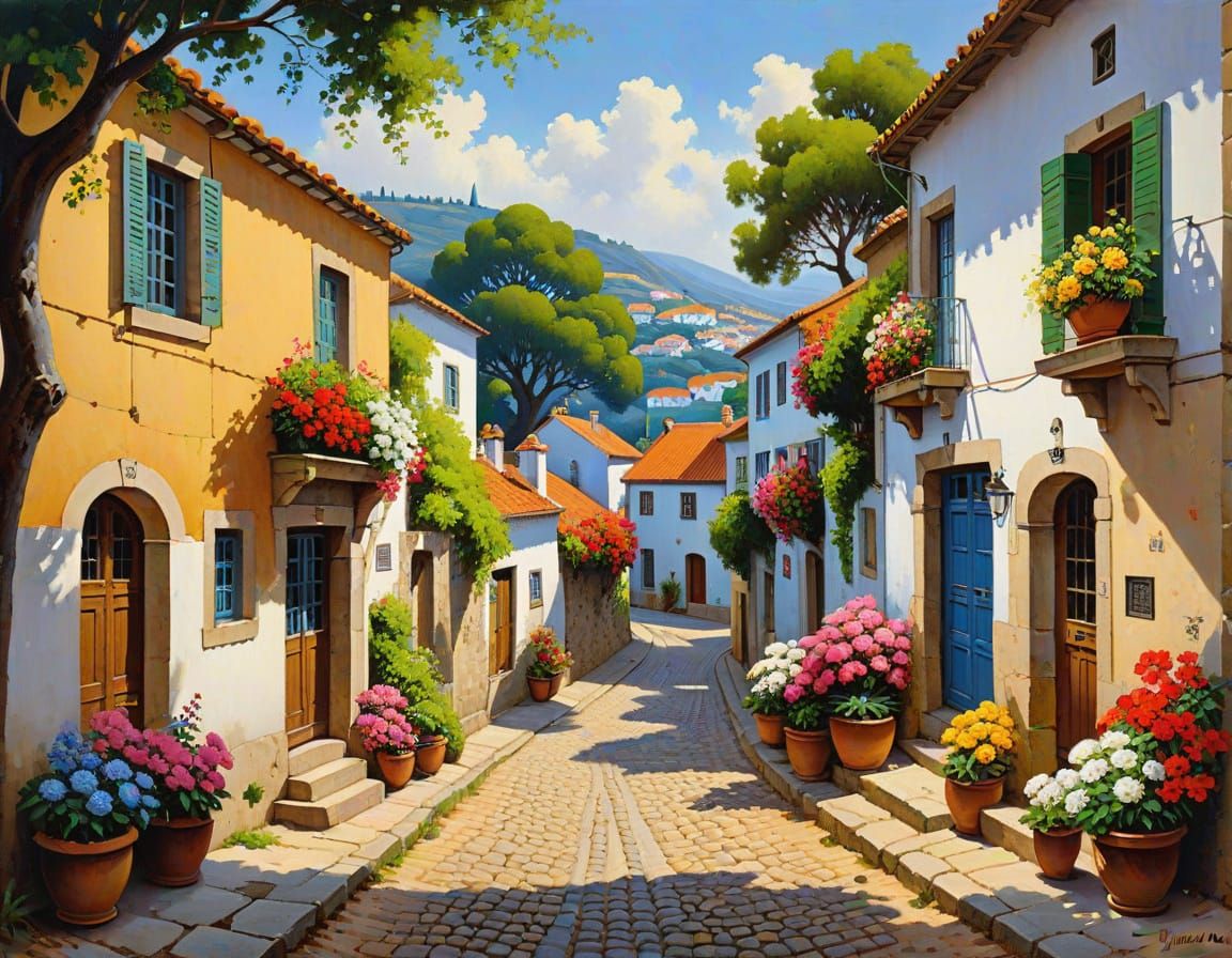 Charming Portuguese Village as Oil Painting