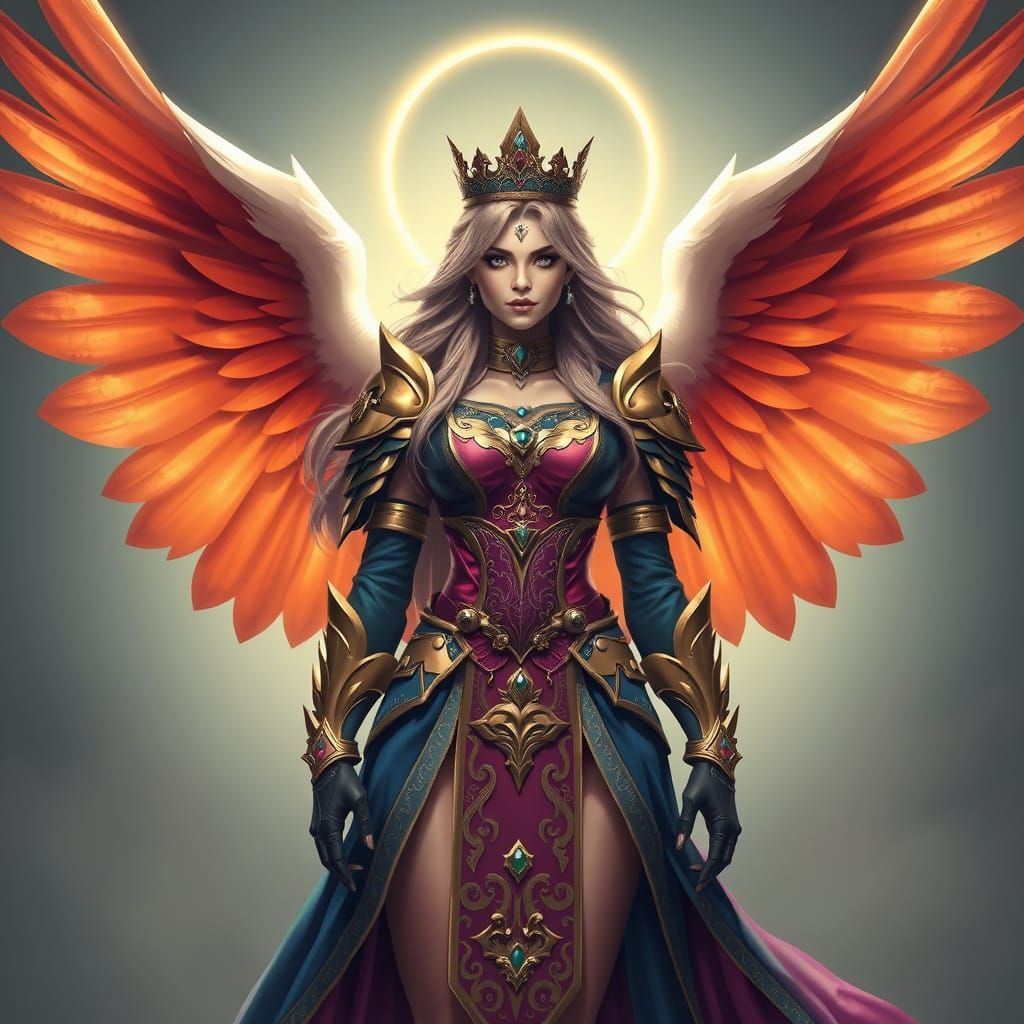 Regal Female Figure with Wings and Ornate Armor