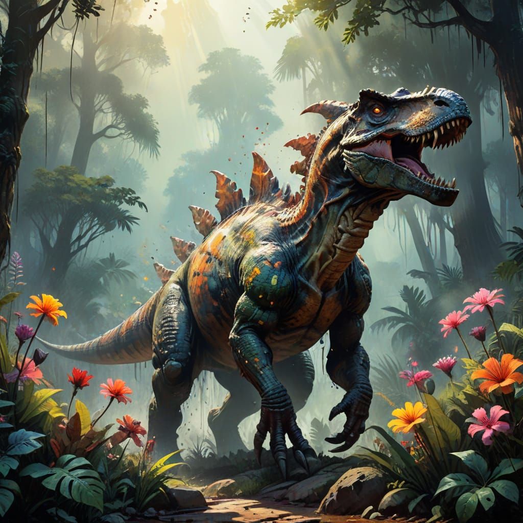 Hyperrealistic Spinosaurid in Tropical Paradise