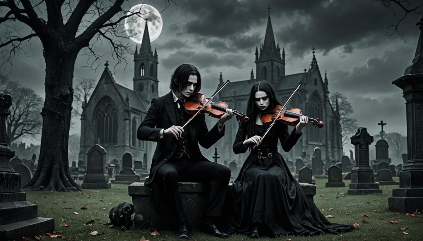 Gothic Couple's Melancholy Serenade in Graveyard
