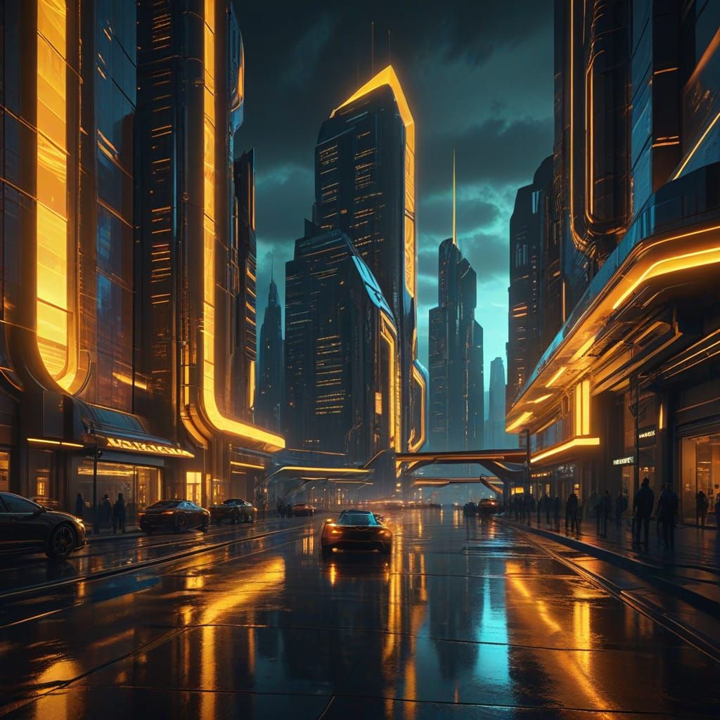Futuristic Golden Cityscape at Night with Neon Yellow Glow