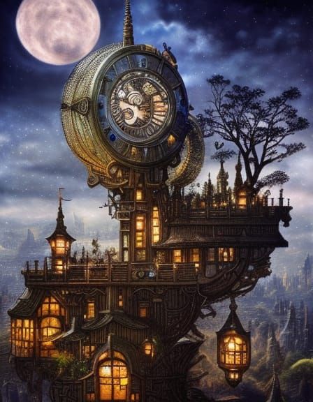 Intricate Moon Clock in Glass Bonsai Village