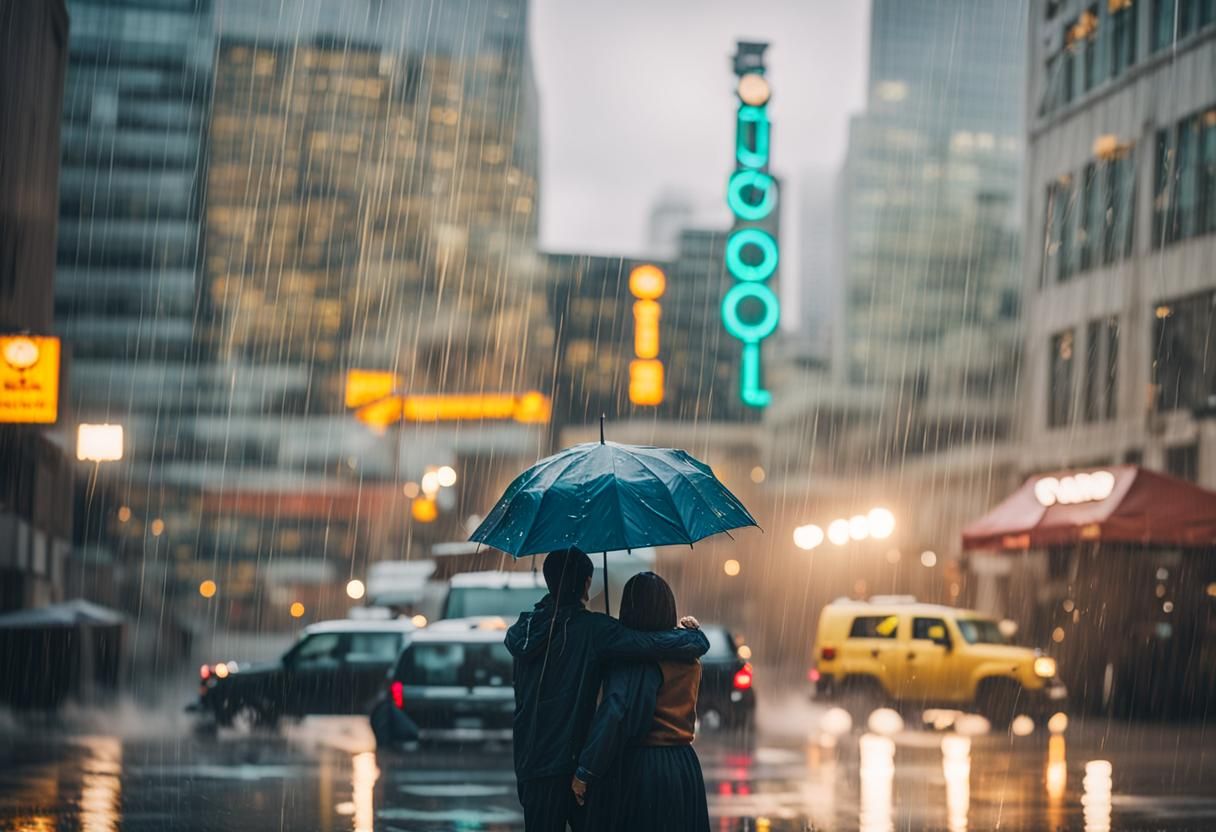 Children in Rainy City: Hyperrealistic Photography