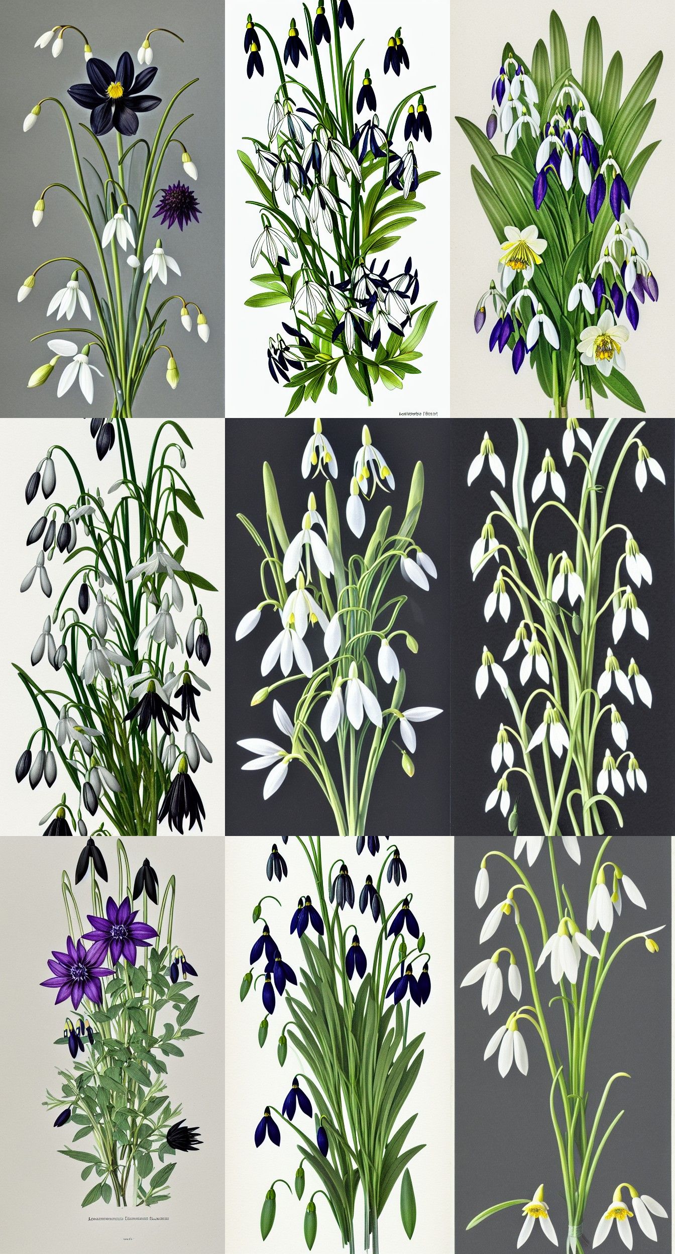 Botanical Illustration of Aconite, Snowdrops, and Dahlias