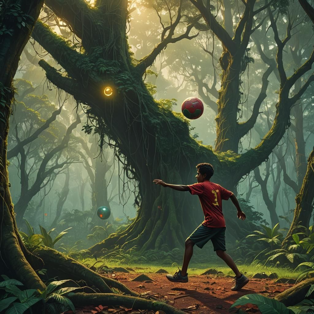 Boy Kicking Glowing Football in Tropical Forest