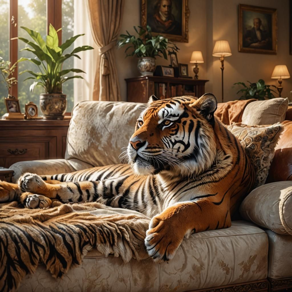 Tiger on Couch: Hyper-Realistic HDR Digital Art