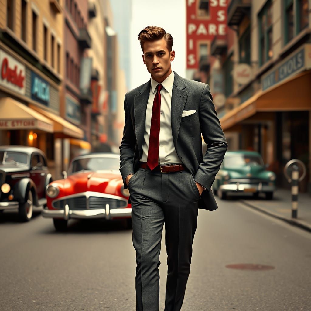 Stylish 1950s Men's Fashion in Urban Scene