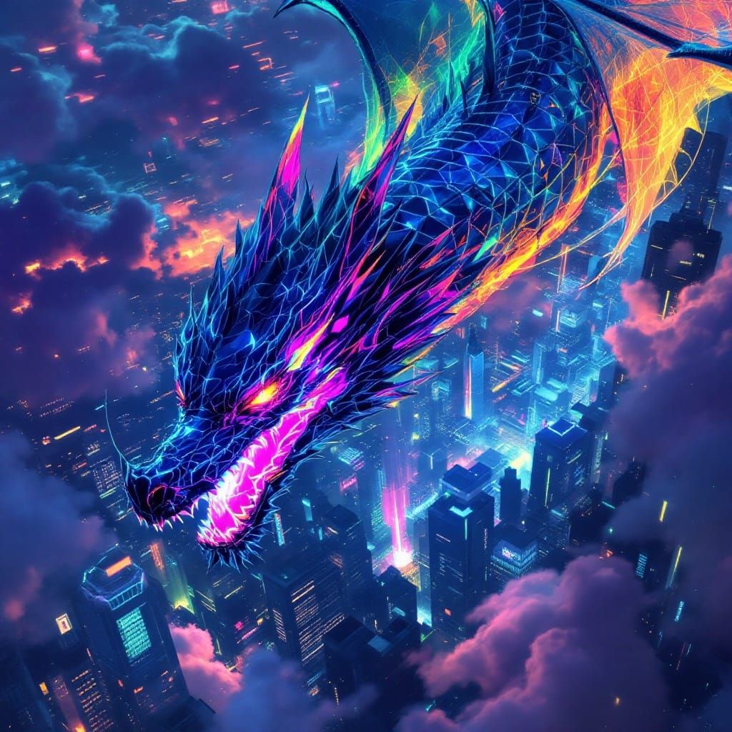 Cyberpunk Dragon Soaring Over Metropolis at Dusk