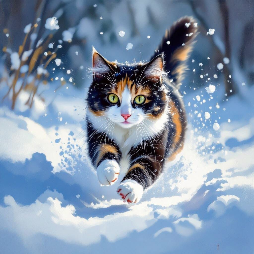 Calico Cat Leaping Through Snow in Impressionist Style