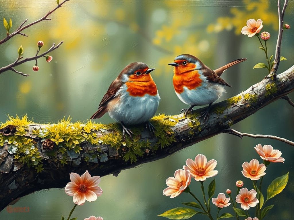 Vibrant Spring Forest in Impasto Style with Sparrows and Rob...