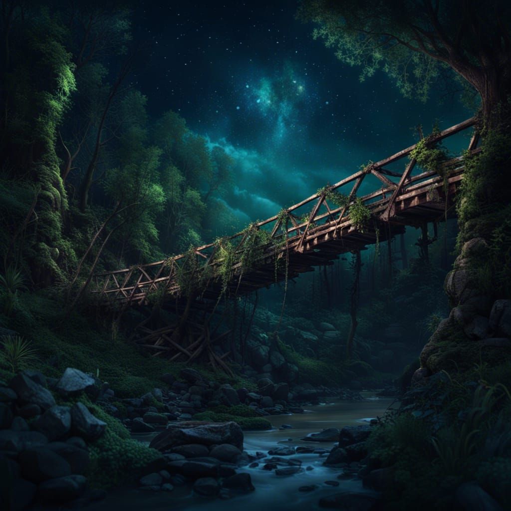 Overgrown Bridge Across Ravine at Night