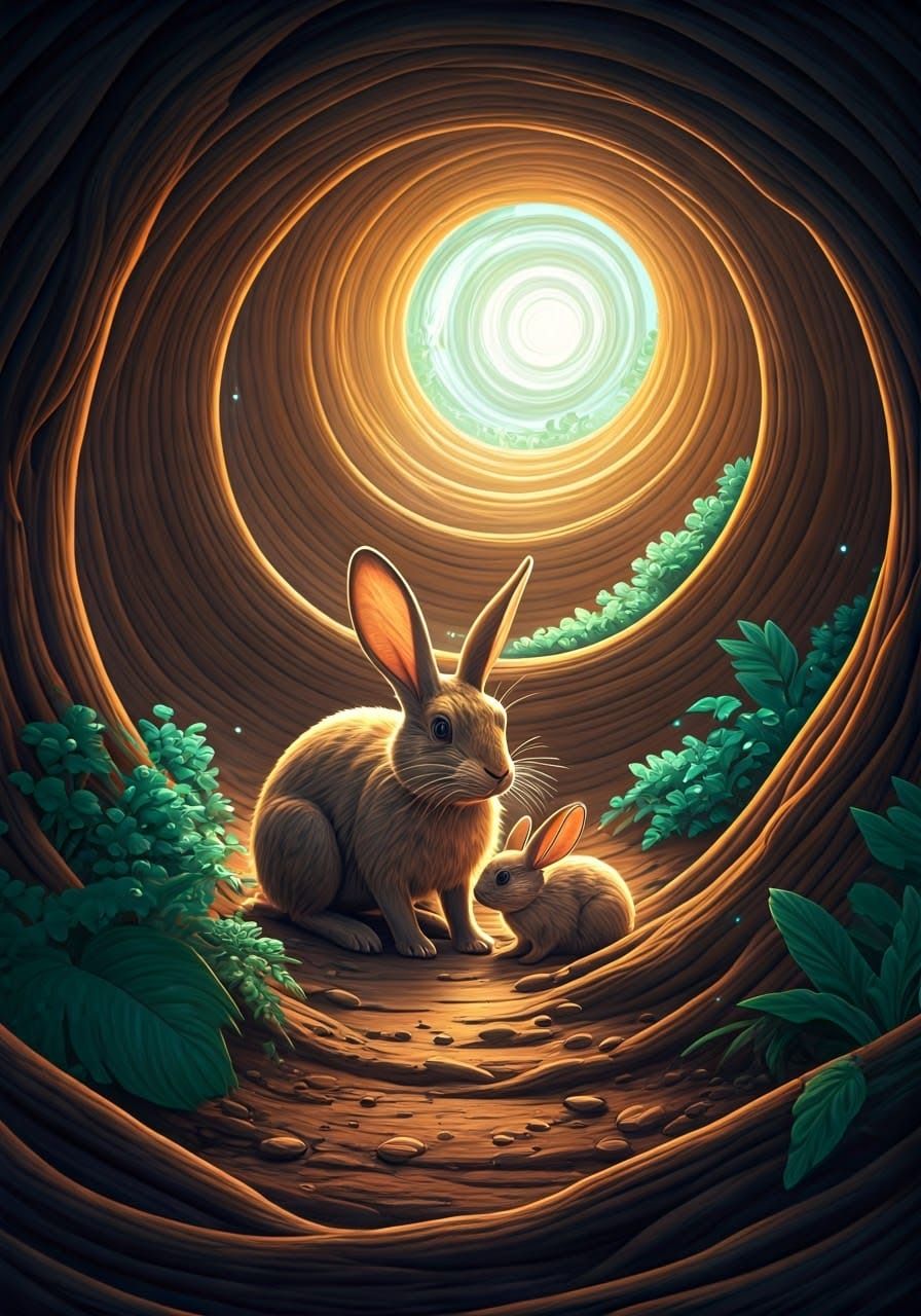 Whimsical Underground Wonderland: Rabbit and Babies in a Dre...