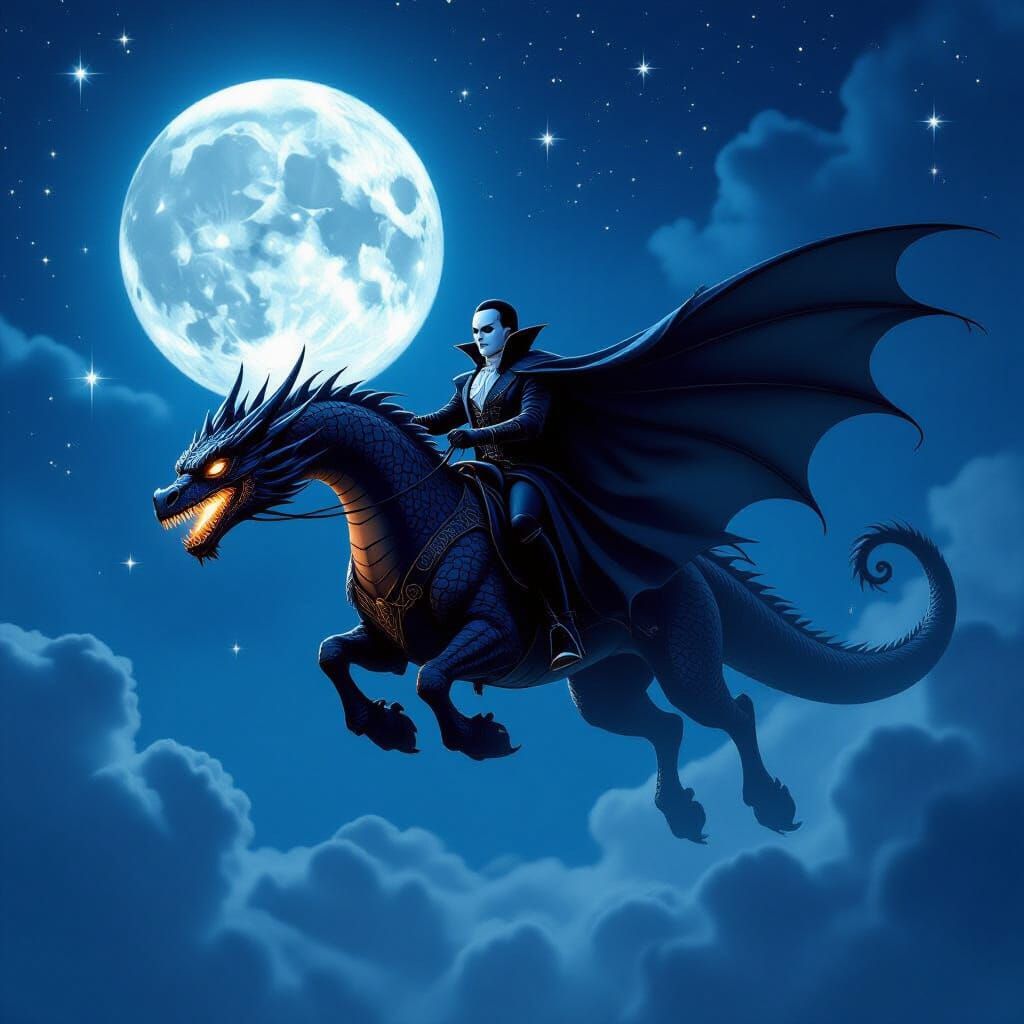 Phantom of the Opera Rides Dragon Under Moonlight