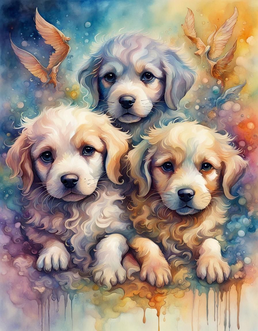 Fantasycore Puppies in Watercolor Style