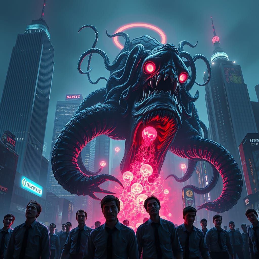 Dark Corporate Entity Devours Human Souls in Cyberpunk Citys...