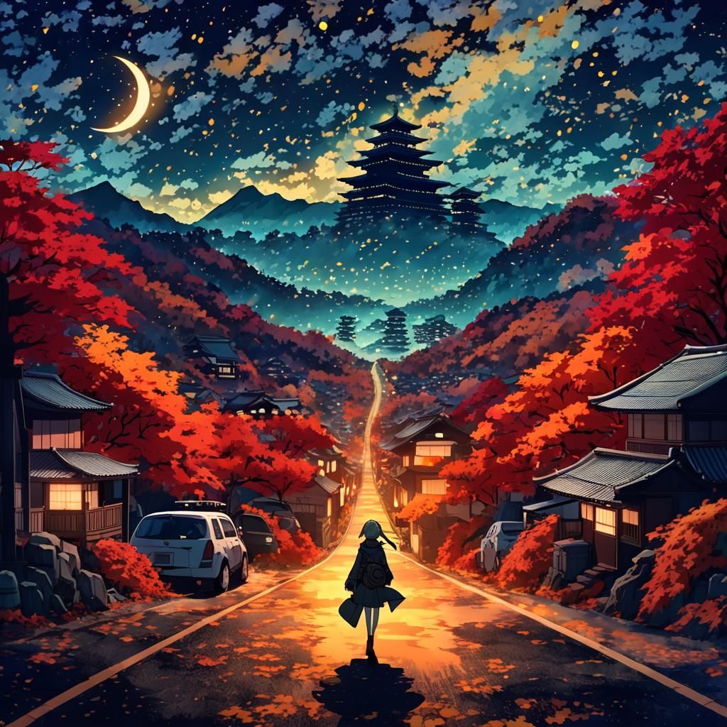 Anime Adventurer Girl on Autumn Night Road