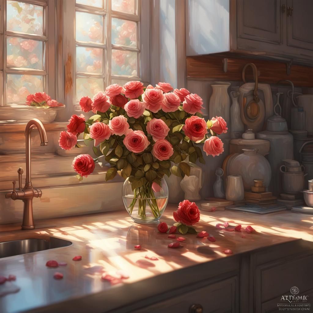 Roses Glistening in Sunlight: Hyperdetailed Concept Art