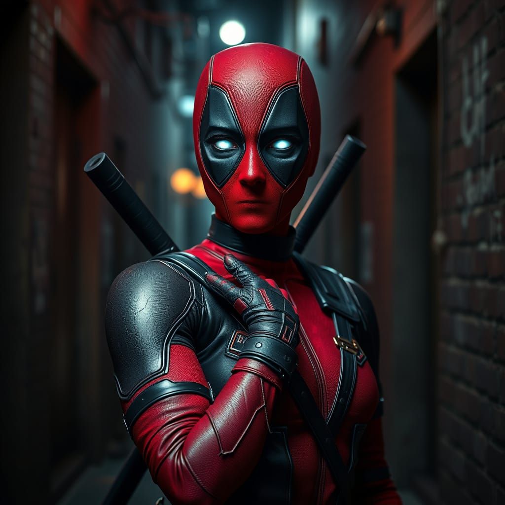 Gritty Urban Female Deadpool with White Eyes in Hyperrealist...