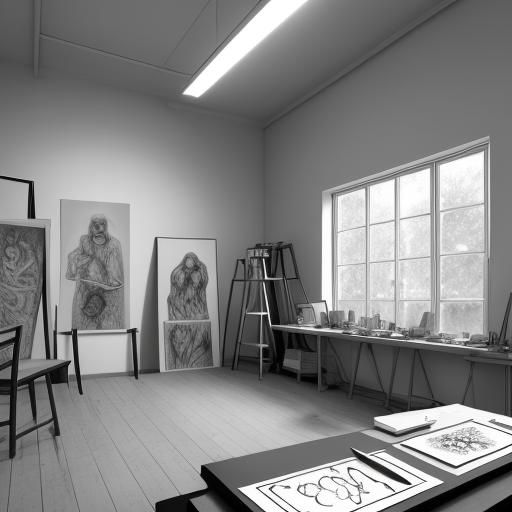 Art Studio in Black and White Pencil Drawing