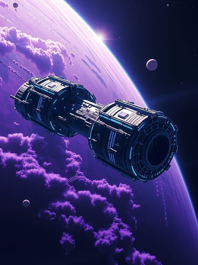Spectacular Sci-Fi Space Station Orbiting Purple Planet