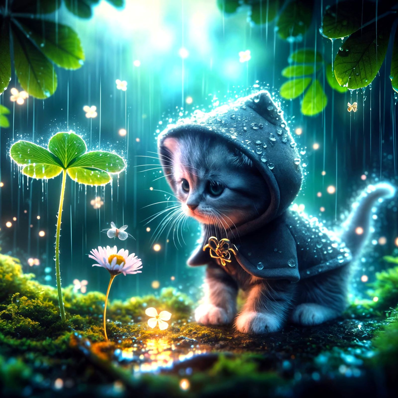 Whimsical Kitten Discovers Clover Secret in Rainy Forest