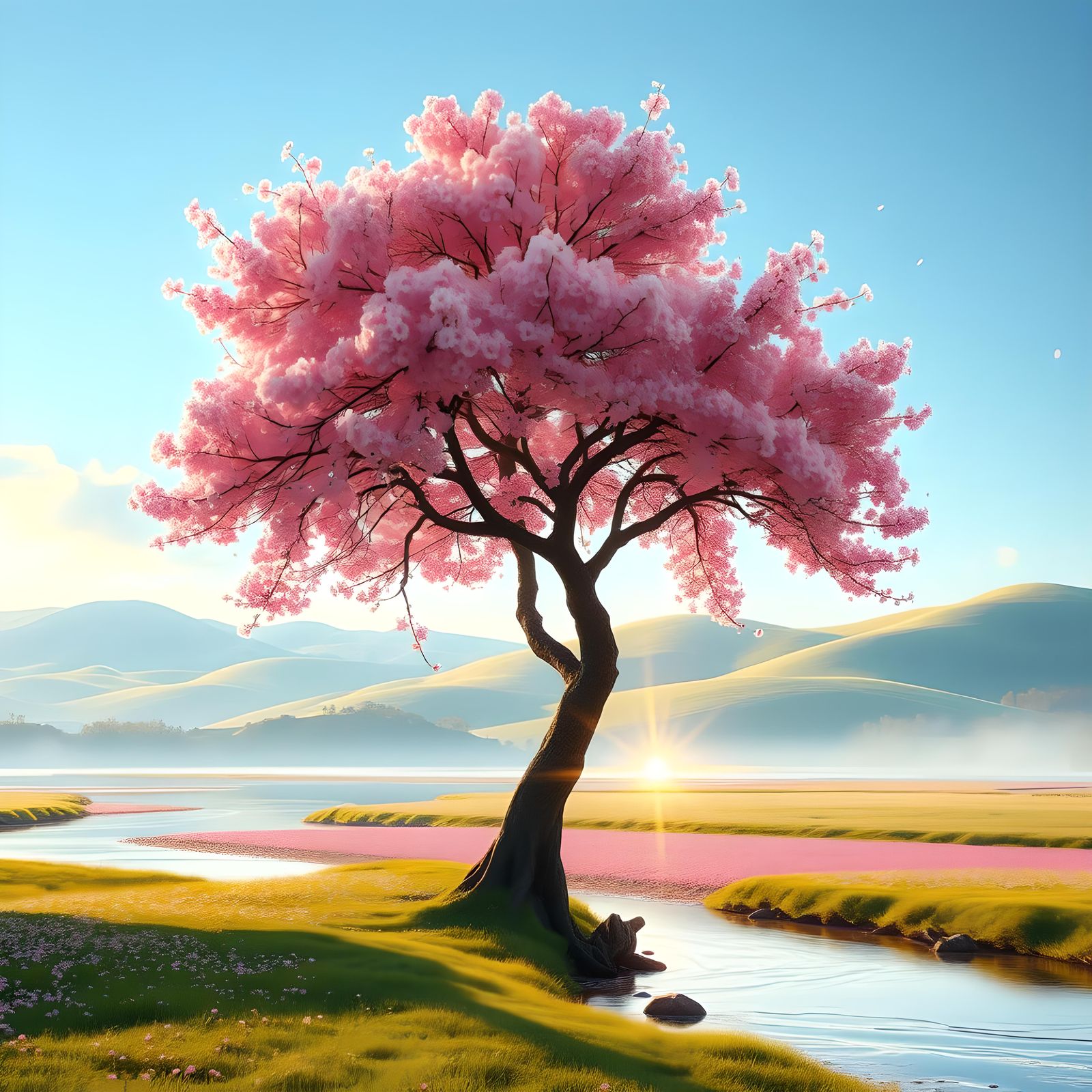 Vibrant Cherry Blossom Tree in Spring Landscape