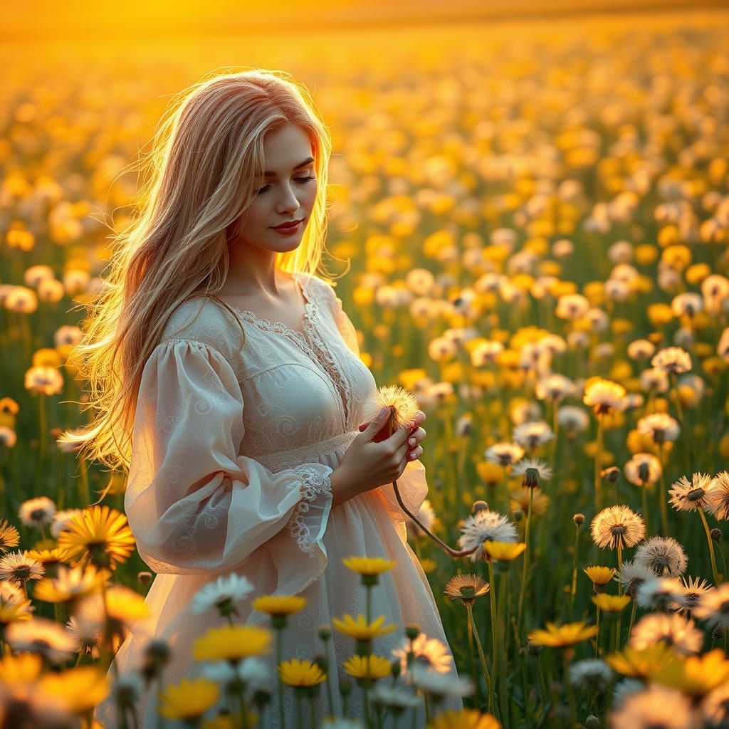 Couple Surrounded by Vibrant Dandelions at Sunset