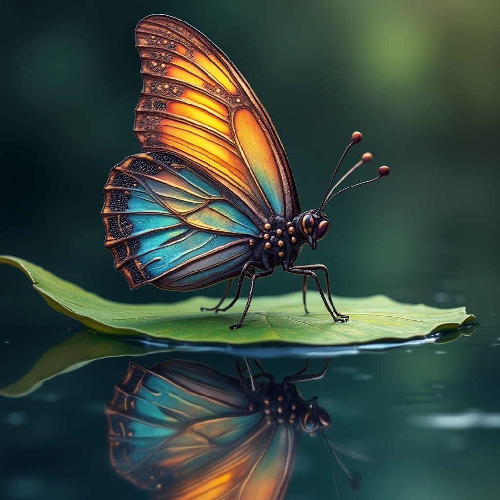 Butterfly Gazing at Reflection with Iridescent Wings