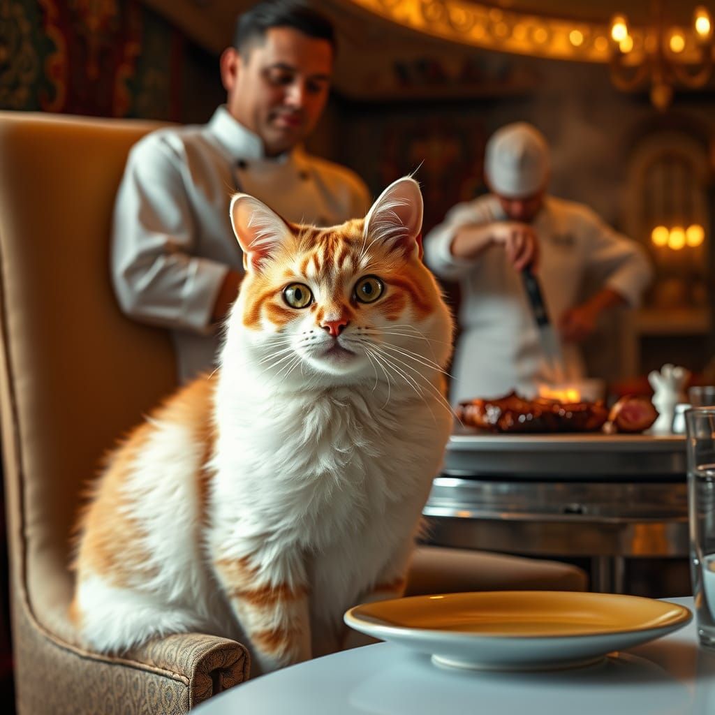 Regal Tabby Cat Awaits Steak in Luxurious Restaurant Setting