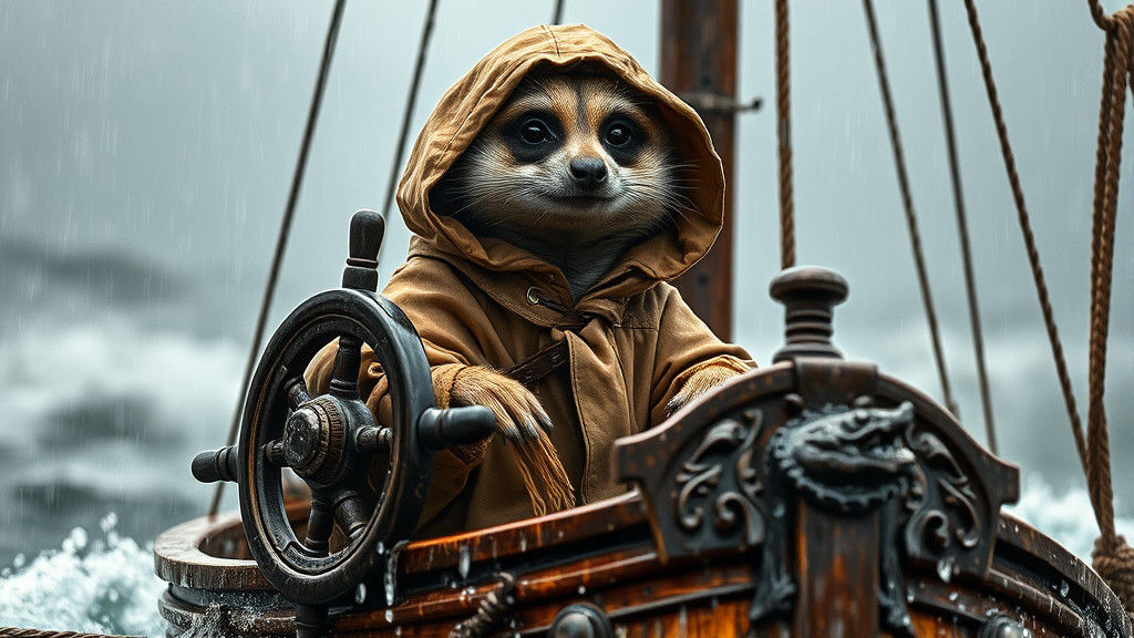 Meerkat Captain Navigating Storm in Ornate Sailing Boat