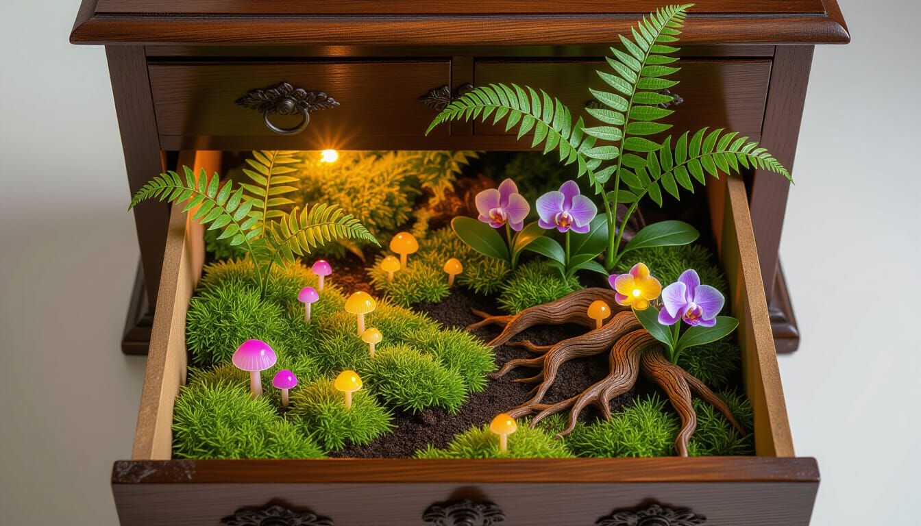 Surreal Miniature Forest Ecosystem in Antique Drawer