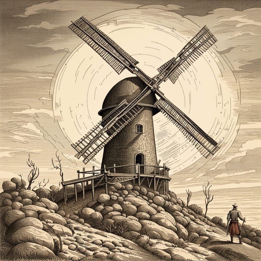Huge stone windmill on hill Don Quixote charging with lance ...