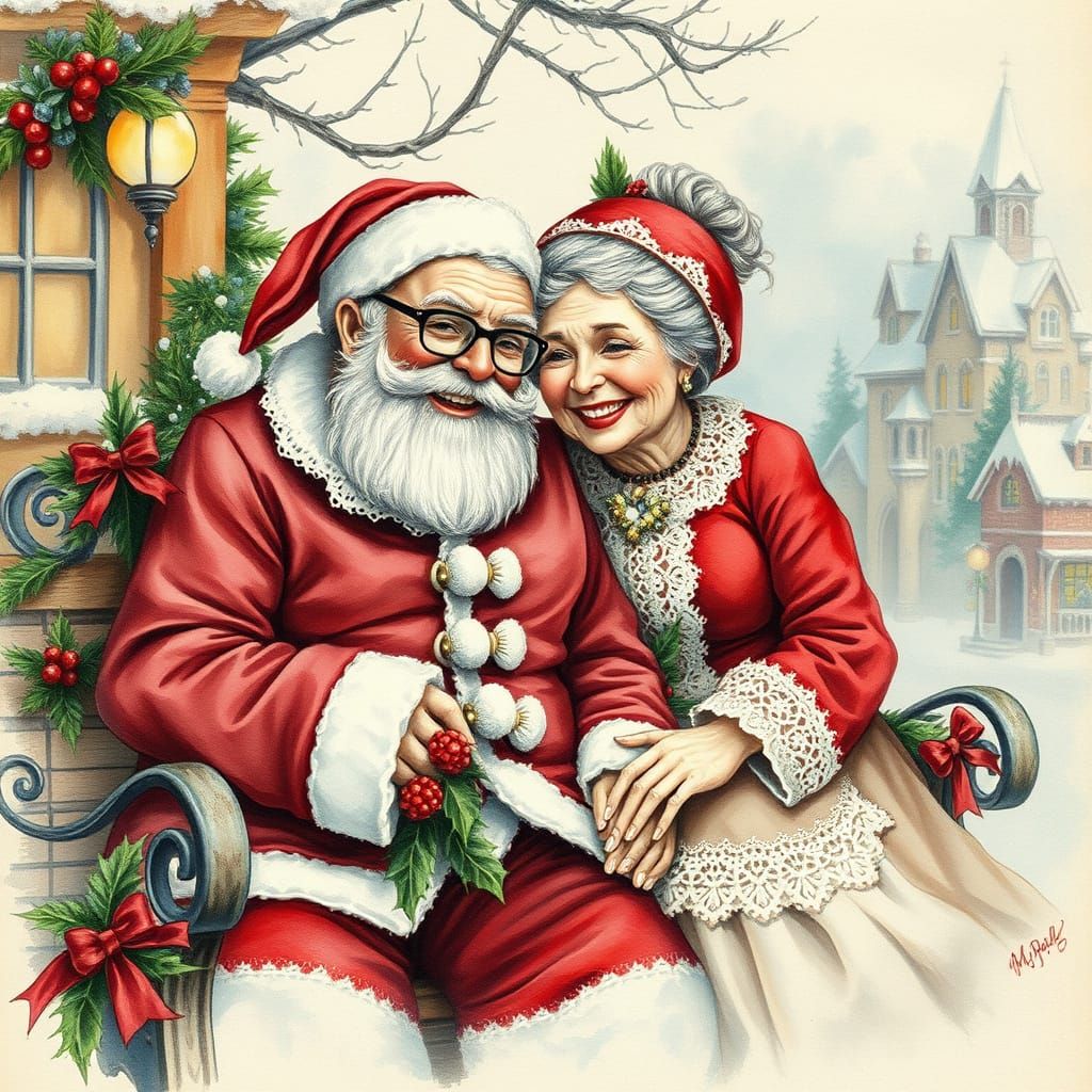 Santa and Wife in Cozy Christmas Village