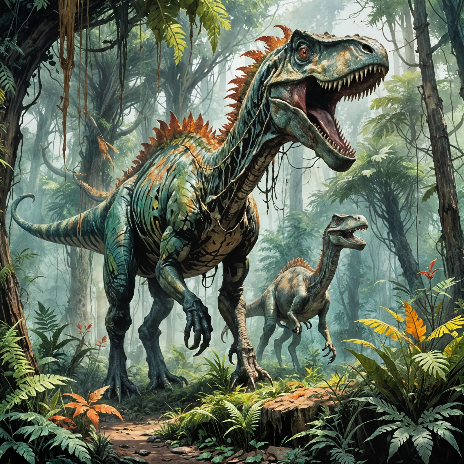 Jurassic Forest Scene with Grazing Dinosaur in Watercolour