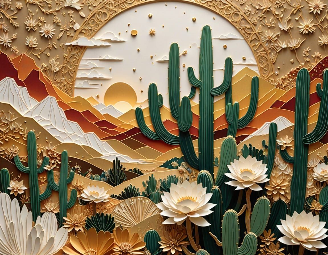 Intricate Paper Art Desert Sunset with Gold Accents