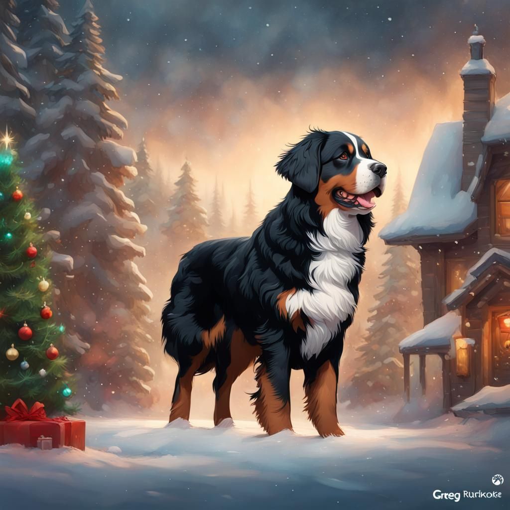 Festive Bernese Mountain Dog Portrait in Digital Art Style