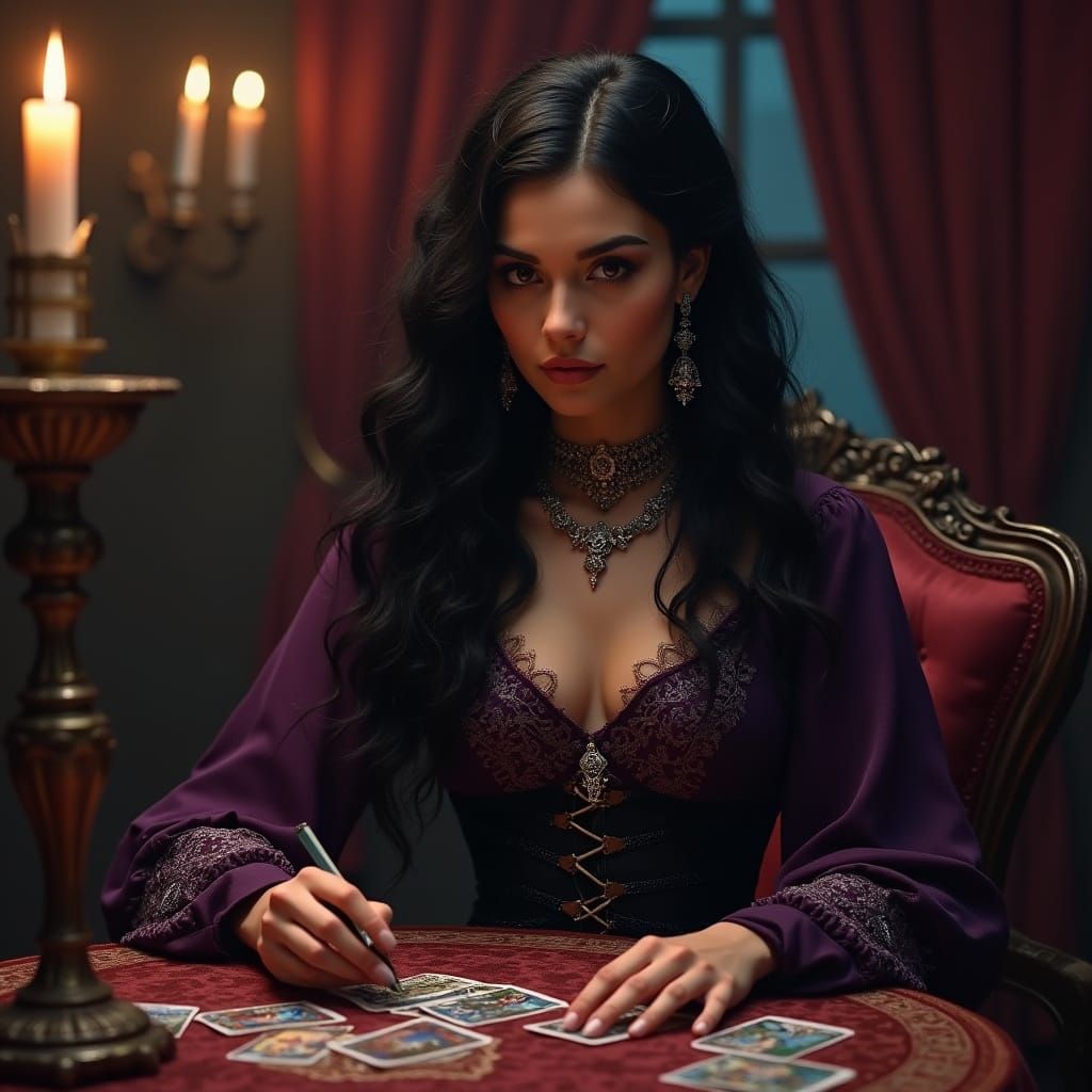 Mystical Gypsy Woman Reading Tarot Cards in Gothic Parlor