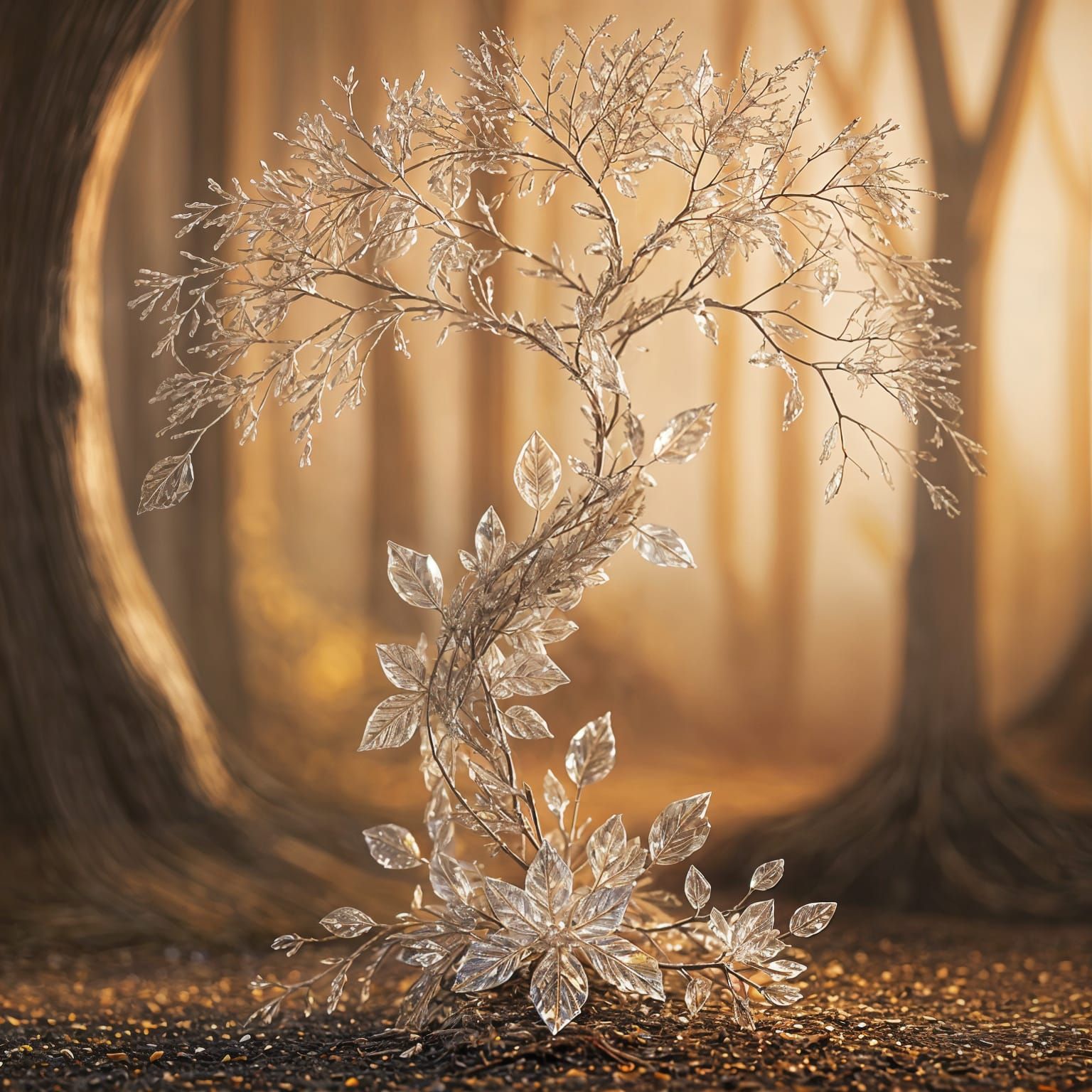 Ethereal Glass Tree in a Sunset Forest