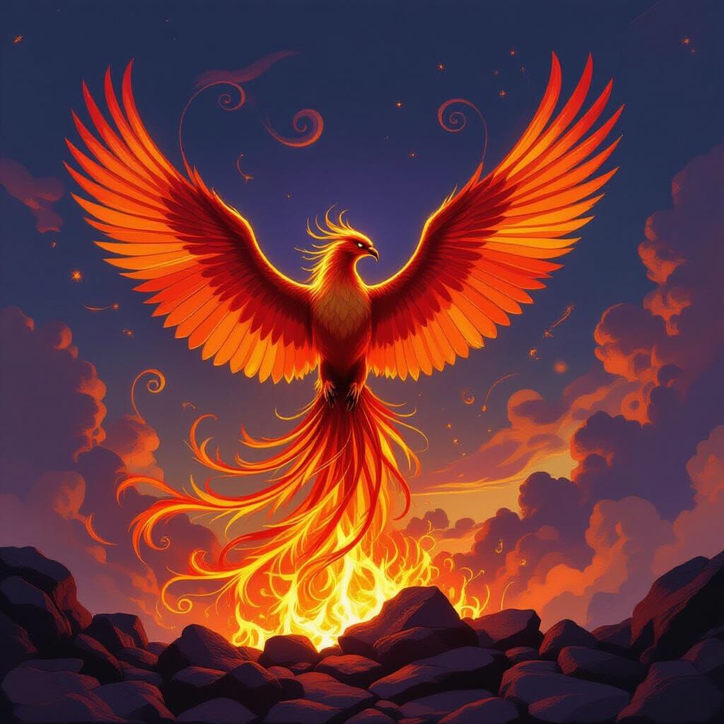 Majestic Phoenix Rises from Embers in Fantasy Style