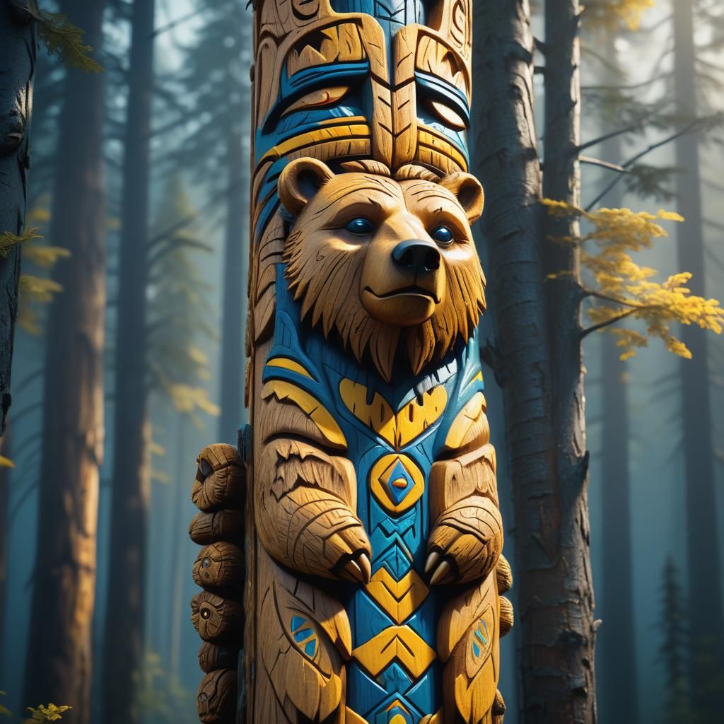 Intricately carved Bear Clan Totem Pole, high contrast, hyperdetailed, detailed matte painting, deep color, fantastical,...