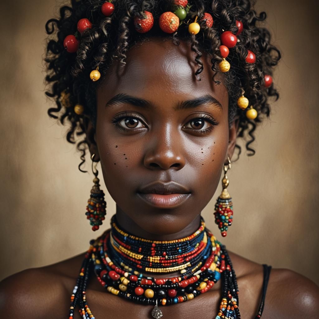 Elegant Portrait of African Woman with Beads in Studio Light...