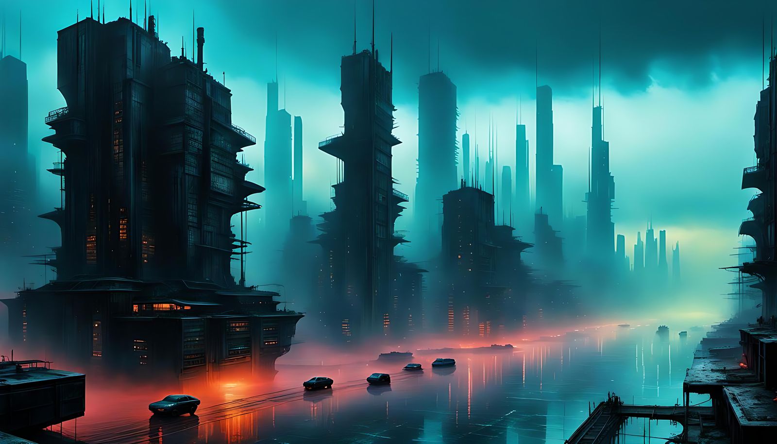 Overpopulated Cyberpunk Cityscape with Discarded Tech