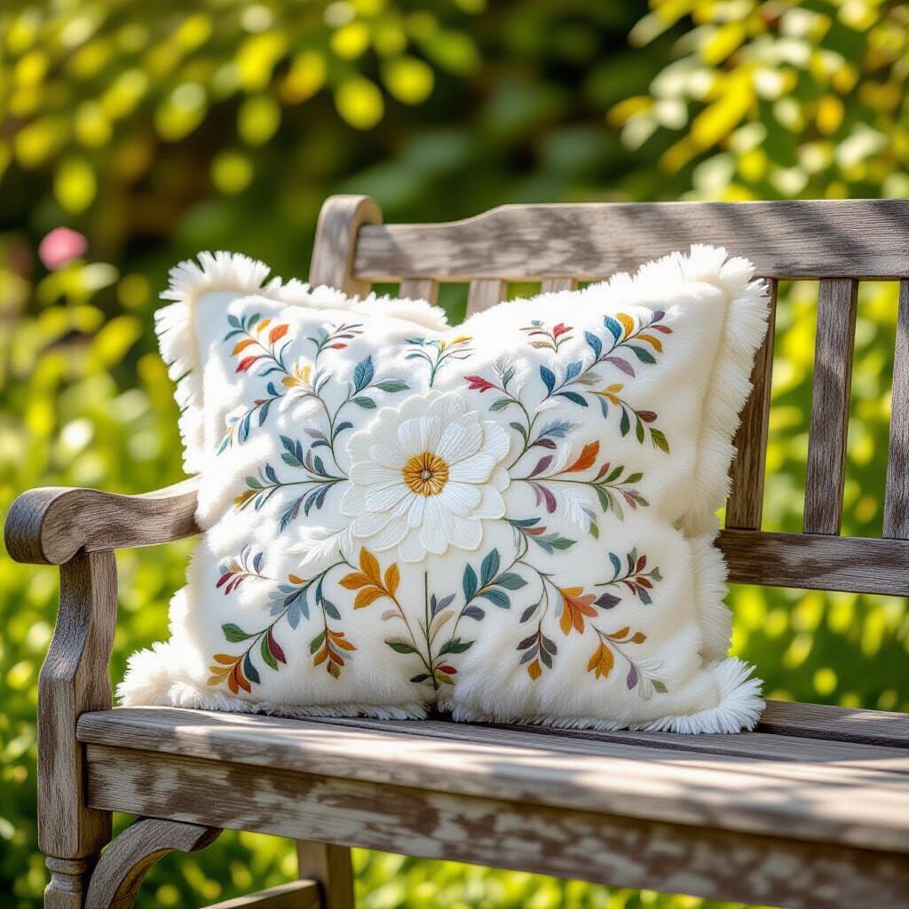 Fluffy Embroidered Pillow on Rustic Bench in Garden