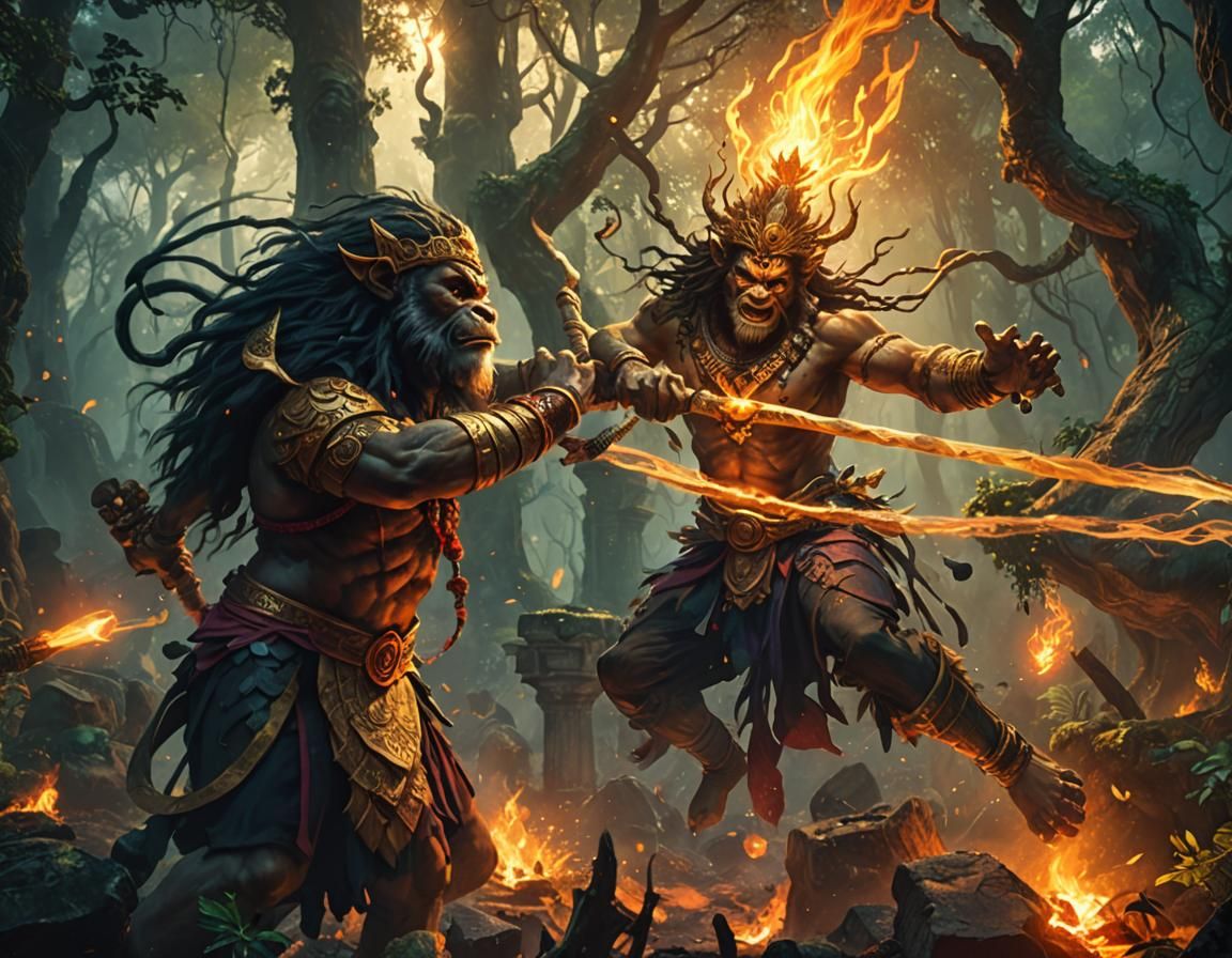 Hanuman's Mystical Forest Battle: Fantasy Concept Art