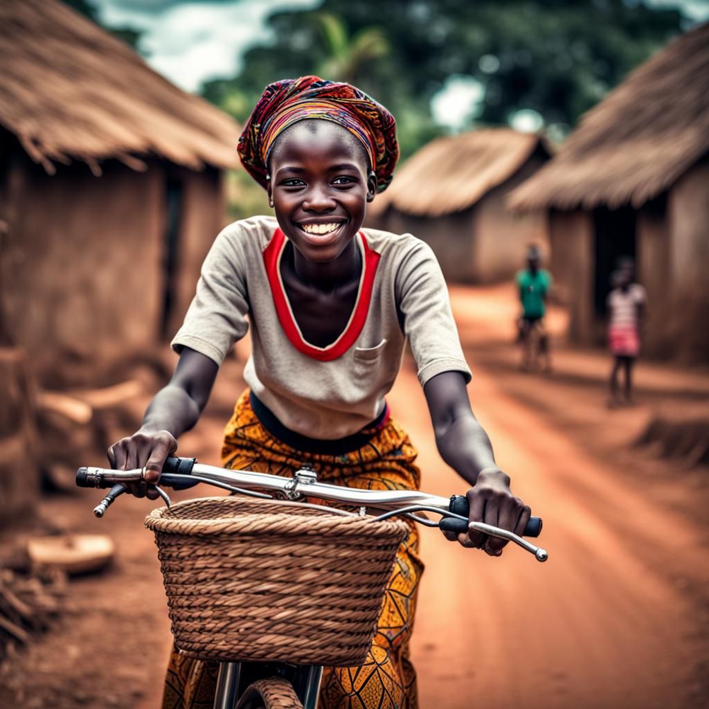 Smiling Girl Rides Bike Through Ugandan Village