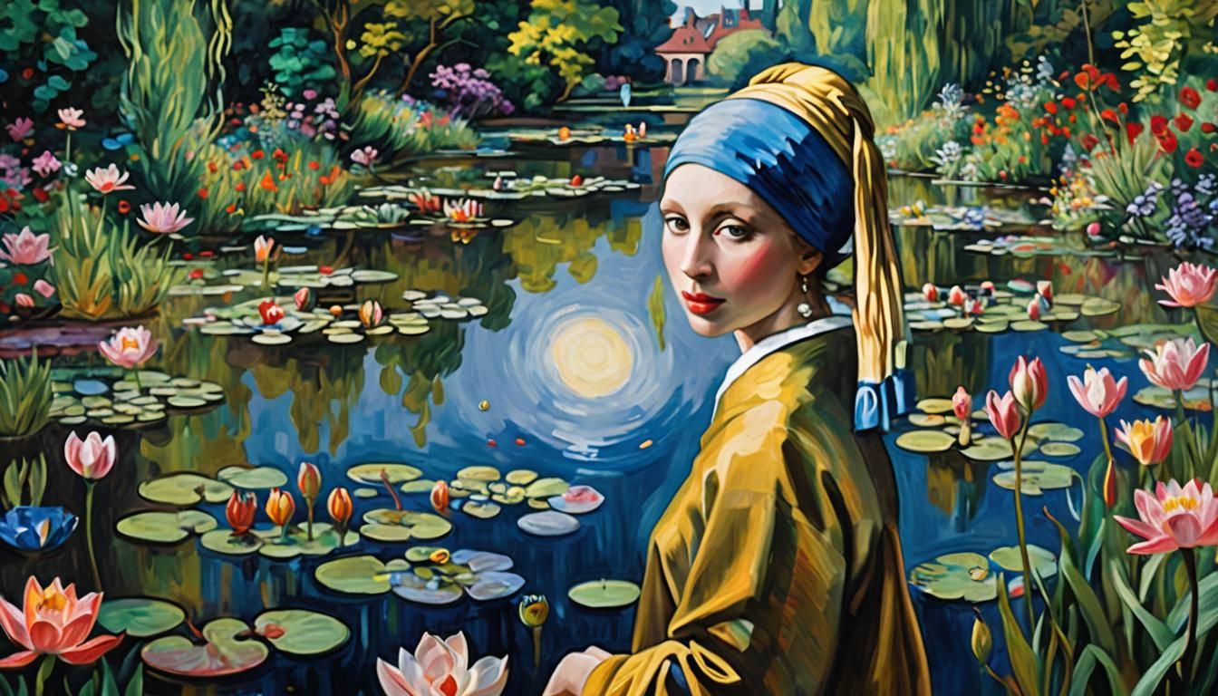 Girl with Pearl Earring in Surreal Monet Garden